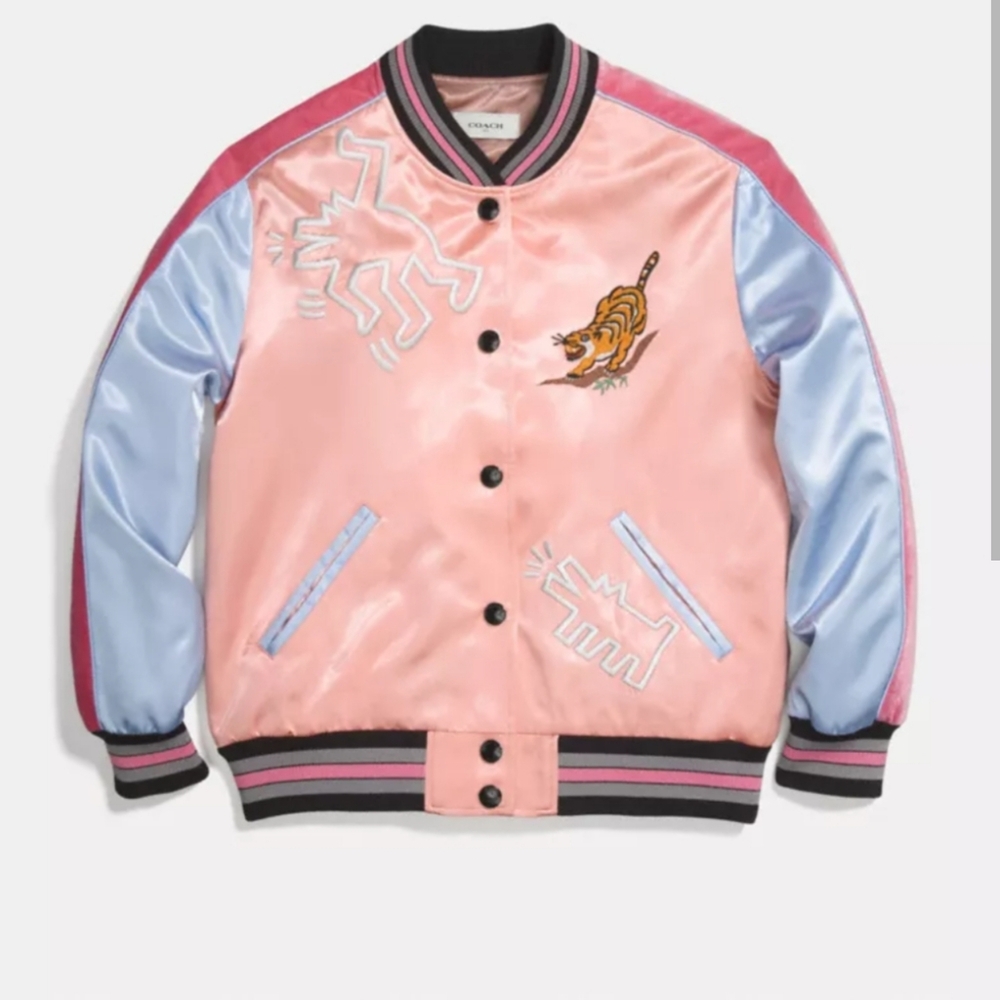 NWT Coach x Keith Haring Pink and Light Blue Reversible Bomber Jacket Size 0